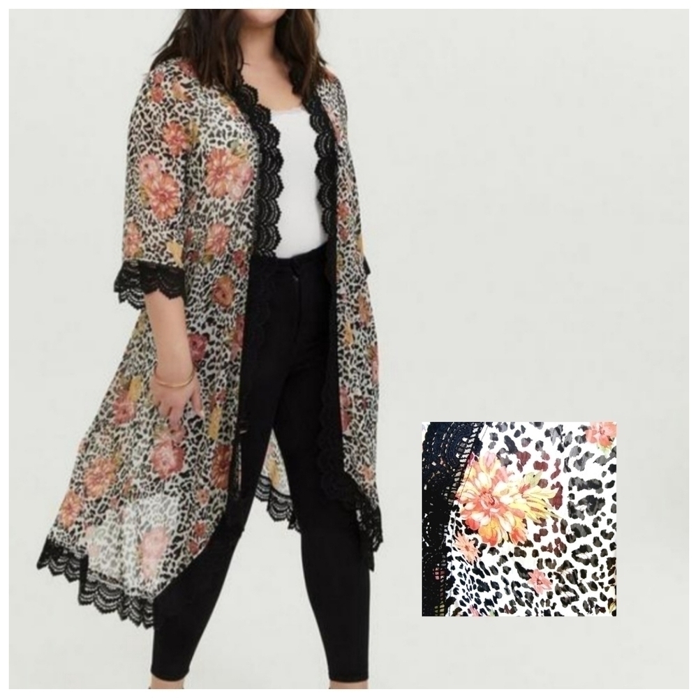 NWT Torrid Crochet Trim Leopard-Floral Print Long Line Women's Kimono Size 1/2